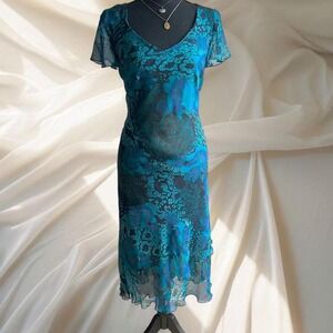 Y2K Blue and black floral midi dress with ruffles and short sleeves
